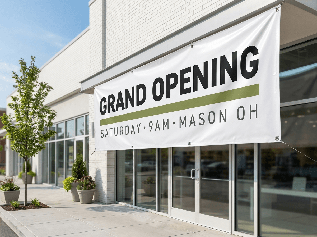 The finished GRAND OPENING vinyl banner hung on the storefront