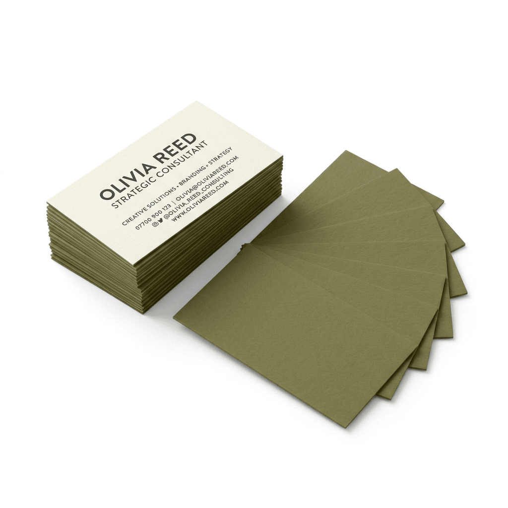 Stack of business cards with olive-green backs