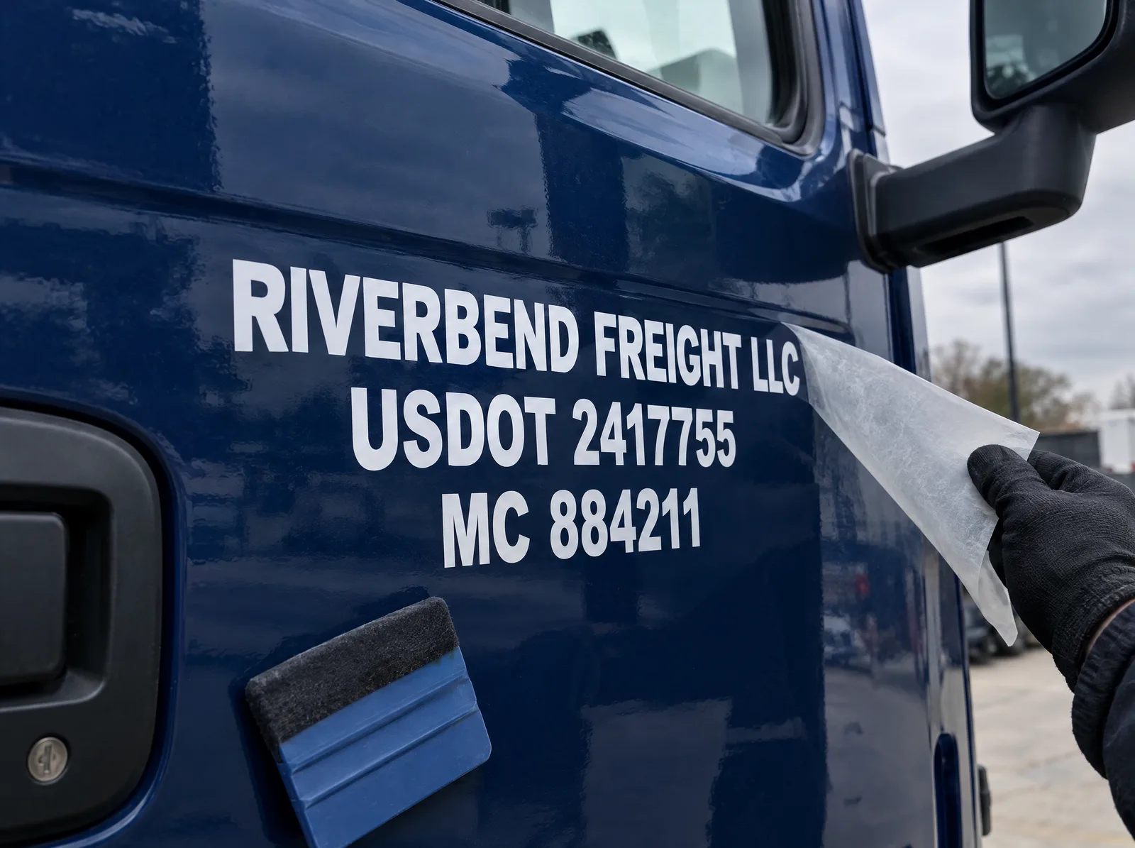 Die-cut letters on a truck door, transfer tape peeling away