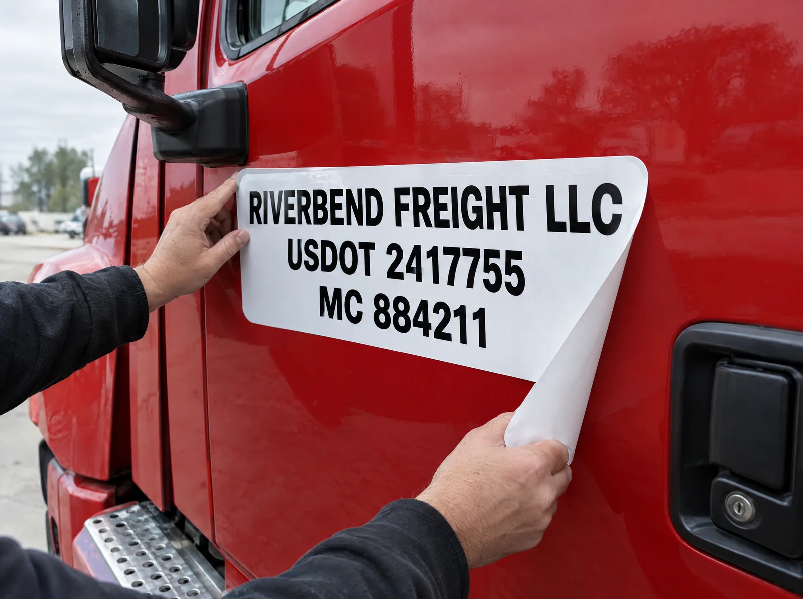 Kiss-cut decal panel being pressed onto a truck door